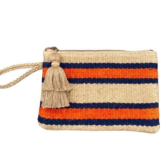 J. Jill Handbags - J. Jill Burlap Clutch Wristlet Purse Top Zip Close Tassel Orange Blue Striped